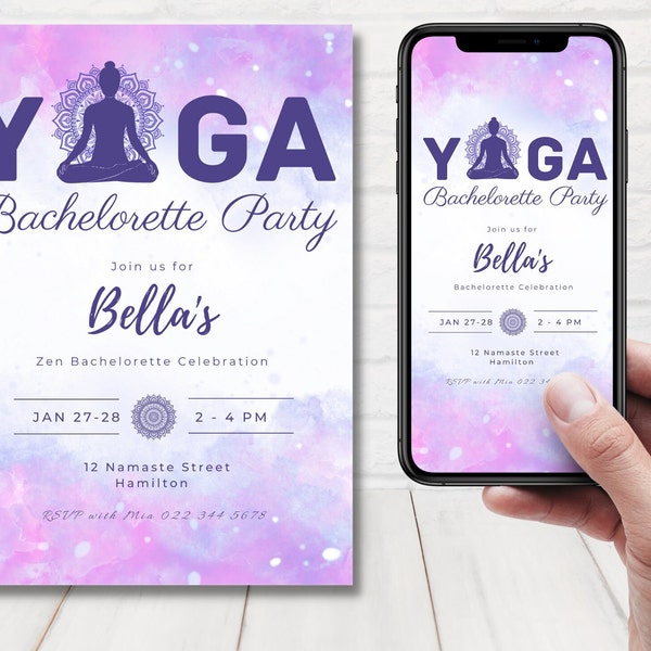 Yoga Party invitations, Yoga Bachelorette Invitation, Zen Bachelorette Invite, Namaste Invite, Yoga Party Invite bundle, Editable Template.