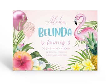 Inviti per compleanni tropicali, inviti tropicali stampabili, compleanni estivi per bambini hawaiani, inviti per feste Aloha Luau, modello modificabile.