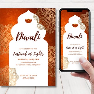 Orange Diwali Invitation Set, Diwali Celebration Invite, Diwali Dinner Party Template, Happy Diwali Invitation, Editable Template.