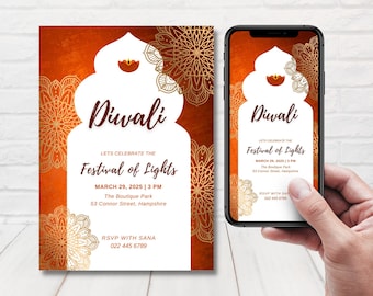 Set di inviti arancioni per Diwali, invito per la celebrazione di Diwali, modello per cena di Diwali, invito per felice Diwali, modello modificabile.