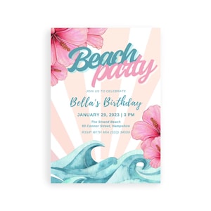 Retro Beach Party Invitation, Printable Beach Birthday Invite, Girls Birthday Party, Luau Beach Party Invite, Pink Beach Birthday Invite.