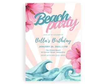 Retro Beach Party Invitation, Printable Beach Birthday Invite, Girls Birthday Party, Luau Beach Party Invite, Pink Beach Birthday Invite.