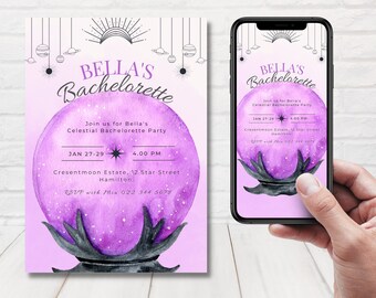 Purple Celestial Bachelorette Invitation, Celestial Bridal Shower Invite, Spiritual Invite Template, Crystal Ball Invite, Editable Template