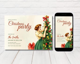 Inviti stampabili per feste di Natale retrò, inviti classici di Natale anni '50, inviti pin-up per le feste, Natale vintage, modello modificabile.