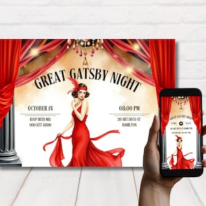 Elegant Flapper Invitations, Printable Great Gatsby Party Invite, Vintage Art Deco Invite, Editable Roaring Twenties Party Invite.