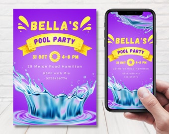 Purple Pool Party Invitation, Girls Pool Party Invite, Pool Party Birthday Invitation Template, Bright Splash Invitation, Editable Template.