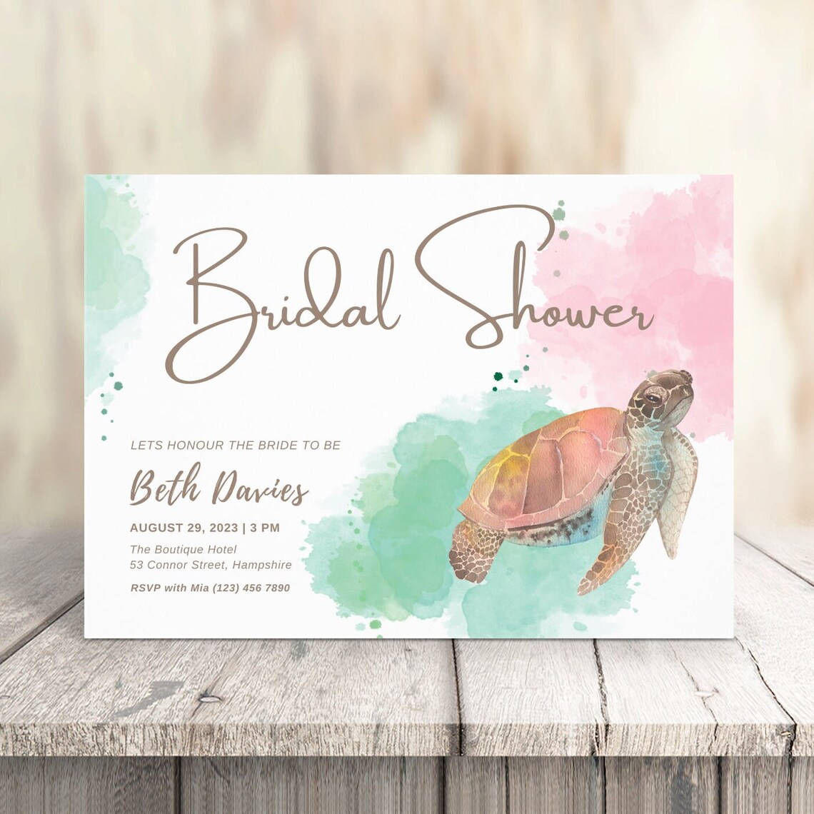 Turtle Bridal Shower Invitation, Printable Bridal Party Invitations, Turtle Watercolour Invite