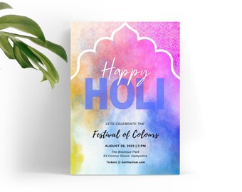 Invito alla festa dell'Holi Festival, invito stampabile per la celebrazione dell'Holi, invito alla Color Run, Festival dei colori, modello modificabile.