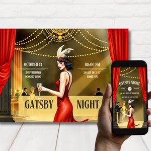 Great Gatsby Party Invitations, Printable Art Deco Party Invite, Elegant Flapper Invitation, Roaring Twenties Invitation, Editable Template.