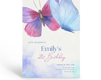 21st Butterfly Birthday Party Invitation, Printable Butterfly Invite, Butterfly Birthday Party Invitation, Watercolor Butterfly Invitations.