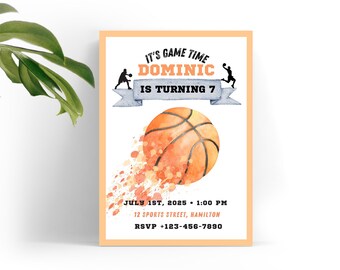 Afdrukbare basketbaluitnodiging, basketbal verjaardagsuitnodiging, uitnodiging sportfeest, basketbalfeest, basketbal uitnodigen, bewerkbare sjabloon
