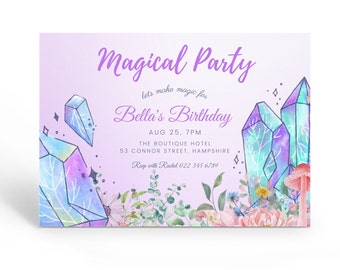 Invito stampabile per una festa magica, invito per un giardino incantato rosa, invito stravagante, invito di cristallo per ragazze, invito di compleanno magico.