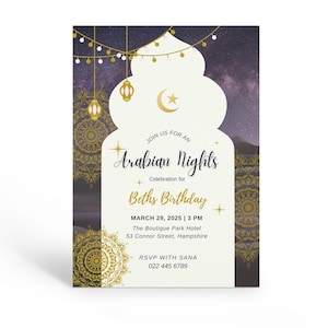 Invitation mille et une nuits imprimable, faire-part d'anniversaire mille et une nuits, invitation marocaine, faire-part d'anniversaire Aladdin, modèle modifiable.