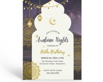May include: An invitation to an Arabian Nights themed birthday party. The invitation features a gold crescent moon and star, a white archway with a starry night sky background, and gold lanterns. The text reads "Join us for an Arabian Nights Celebration for Beth's Birthday March 29, 2025 | 3 PM The Boutique Park Hotel 53 Connor Street, Hampshire RSVP with Sana 022 445 6789"