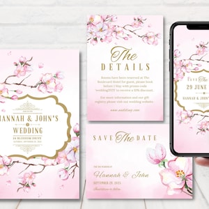Cherry Blossom Wedding Invitation Set, SAKURA Wedding Invitations, Spring Cherry Blossom Wedding Invite Template, Editable Template.