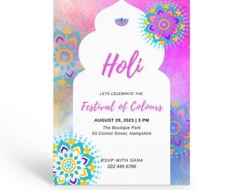 Invito Holi, Inviti al Festival Holi, Invito stampabile per la Celebrazione Holi, Invito Color Run, Festival dei Colori, Modello Modificabile.