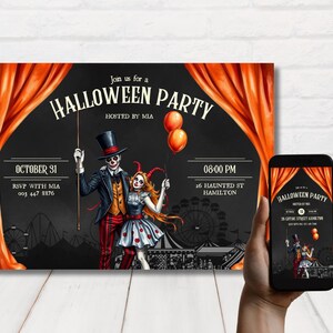 Spuk Karneval Halloween einladen, druckbare gruselige Karnevalseinladung, Gruselige Zirkusparty Einladung, Zirkus Halloween, bearbeitbare Vorlage.