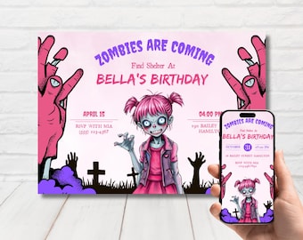 Invitación de fiesta de cumpleaños de zombies para niñas, invitación de zombie rosa, invitación de zombies imprimible, plantilla editable