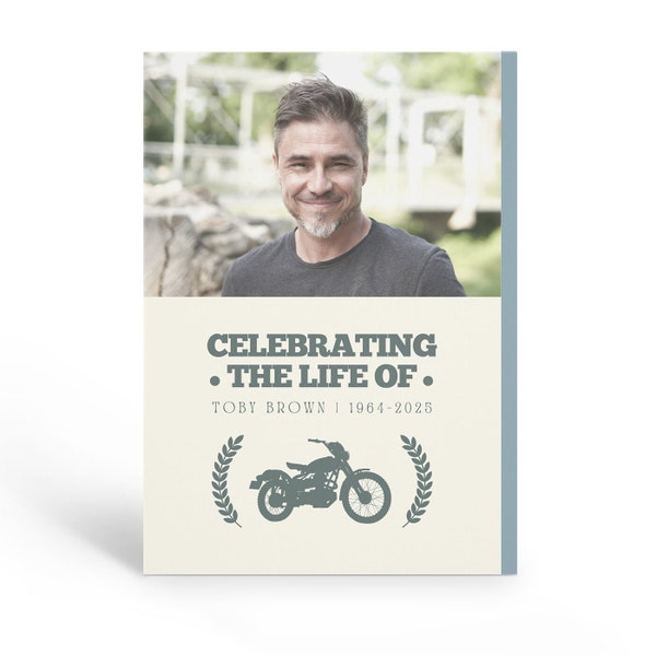 Programa de funeral de motocicletas, orden de servicio de celebración de la vida para hombres, programa de celebración de la vida de motocicletas, plantilla editable