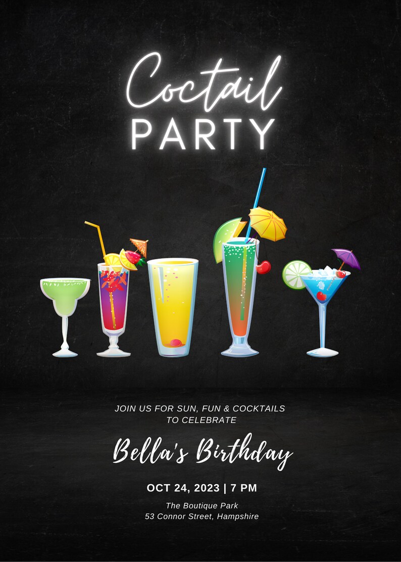 Printable Cocktail Party Invitations, Neon Drinks Party Invitation, Summer Soiree Invite, Happy ...