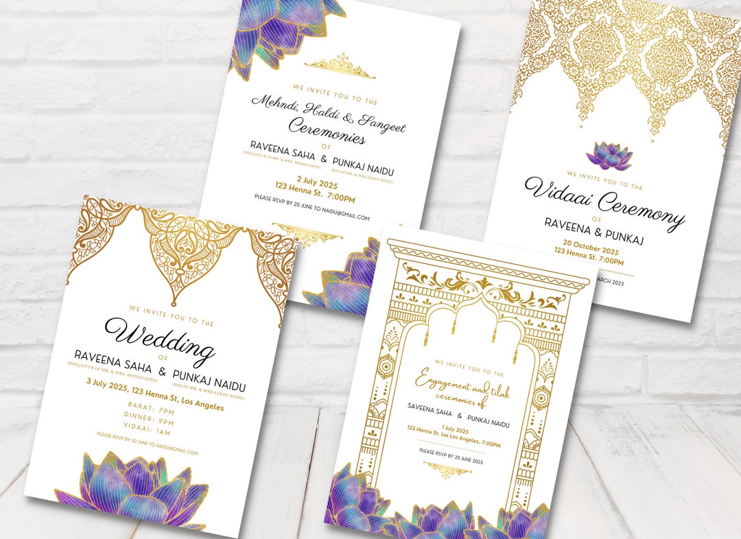 Purple & Gold Indian Wedding Invitation Sets, Hindu Wedding Invitation ...