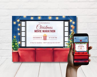May include: A Christmas movie marathon invitation with a red couch, a movie screen, and a string of lights. The text on the screen reads "Join the Smiths for a Christmas Movie Marathon, December 15 at 8:00 PM, 13 Star St, Hamilton - RSVP with mia 022 333 9577".