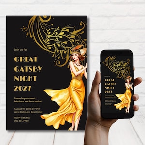 Elegant Great Gatsby Party Invitations, Gatsby Invite, Vintage Art Deco Invitation Template, Roaring Twenties Party, Editable Template