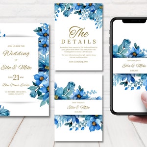 Blue and Gold Wedding Invitation Set, Blue Floral Wedding Invitations, Royal Blue Wedding Invitation Template, Wedding Invite Blue Flowers.