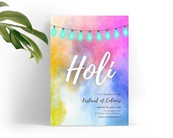 Invito stampabile per la festa dell'Holi Festival, invito per la celebrazione dell'Holi, invito alla Color Run, Festival dei colori, modello modificabile.