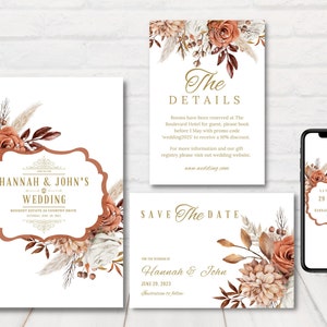 Rust Wedding Invitation Set, Floral Rust Wedding Invitation, Burnt Orange Wedding Invite Template, Terracotta Wedding Invite, Autumn Invite.