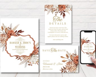 Rust Wedding Invitation Set, Floral Rust Wedding Invitation, Burnt Orange Wedding Invite Template, Terracotta Wedding Invite, Autumn Invite.