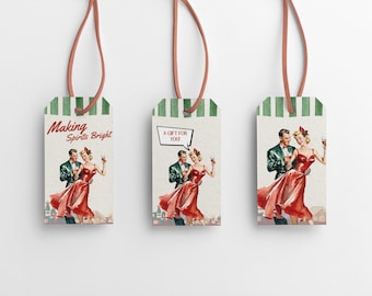 May include: Three gift tags with a vintage illustration of a couple dancing, holding drinks. The tags have a green and white striped top and a brown string. One tag reads "Making Spirits Bright", another says "A Gift For You".