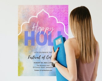 Modello di poster per il festival di Holi, poster stampabile per la celebrazione di Holi, poster per l'evento Color Run, Festival dei colori, modello modificabile, 2Designs.