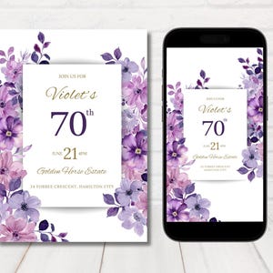 Purple 70th Birthday Invitation Set, Mauve Floral 70th Birthday Invite, 70 Years Loved Invite, 70th Birthday Mobile Editable Template.