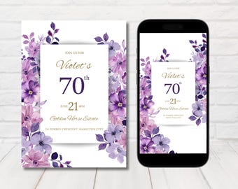 以下が含まれることがあります： 70歳の誕生日パーティーのための、金色の文字と紫色の花柄の招待状。招待状には、「Violetの70歳の誕生日を祝うために、6月21日午後4時、Golden Horse Estate、24 Forbes Crescent、Hamilton Cityでお会いしましょう」と書いてあります。