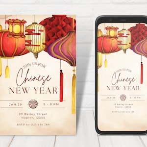 Chinese New Year Invites, Lunar New Year Invitation, Editable Chinese Celebration Invite, Oriental Invitation, Editable Template.