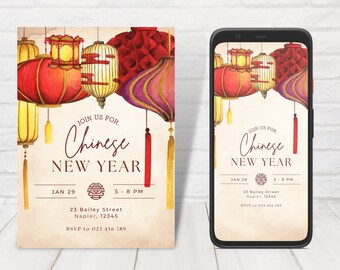 Chinese New Year Invites, Lunar New Year Invitation, Editable Chinese Celebration Invite, Oriental Invitation, Editable Template.