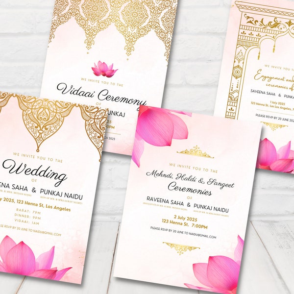 Indian Wedding Invitation Sets, Hindu Wedding Invitation, Pink Lotus Wedding invite, indian wedding invitations, EDITABLE TEMPLATE.