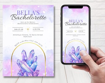 Purple Crystal Bachelorette Invitation, Crystal Bridal Shower Invitation, Gemstone Bachelorette invite, Geode Invite, Editable Template