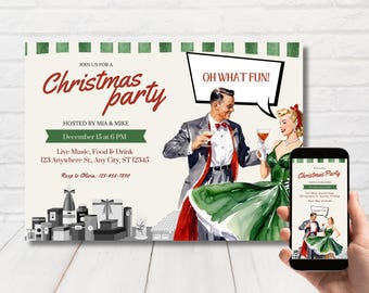 Op de afbeelding: Een vintage-stijl kerstfeestuitnodiging met een rood-groen kleurenschema. De uitnodiging toont een stel in een feestelijke setting, met de tekst "Join us for a Christmas party" en "Oh what fun!" in een spreekballon. De uitnodiging bevat ook details over het feest, zoals de datum, tijd en locatie.