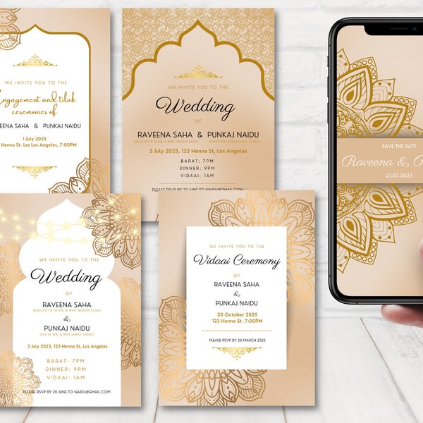 Beige and Gold Indian Wedding Invitation Sets, Hindu Wedding Invites, Elegant Wedding Invite, Indian Wedding Invitation, Editable Template