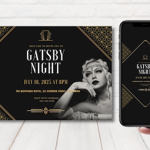 Great Gatsby Invitation, Gold Black Art Deco Invite, Roaring 20s Party Invitation, Elegant Gatsby Invite, Flapper Invite, Editable Template