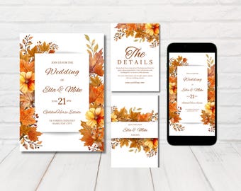 Fall Wedding Invitation, Editable Autumn Wedding Template, Printable Autumn Wedding Set, Fall Wedding Invitation Set, Editable Template