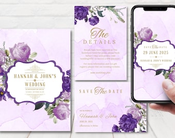 Conjunto de invitaciones de boda en color morado y dorado, invitaciones de boda en color morado, plantilla de invitación de boda en color lavanda, invitación de boda en color lila.