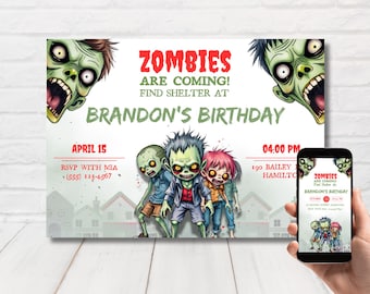 Invitación de cumpleaños de zombies para niños, invitación de zombies imprimible, invitación de zombies, plantilla editable
