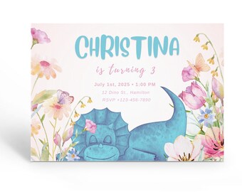 Invito stampabile per compleanno a tema dinosauro per bambina, invito carino per compleanno a tema dinosauro, invito floreale a tema dinosauro, invito rosa a tema dinosauro, modello modificabile.