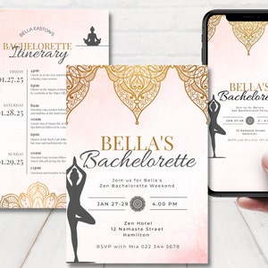 Yoga Weekend Bachelorette Invitation, Pink & Gold Yoga Bachelorette Invitation Bundle, Yoga Bachelorette Itinerary, Editable Template.