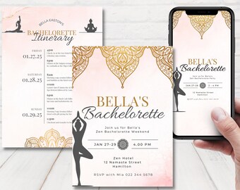 Yoga Weekend Bachelorette Invitation, Pink & Gold Yoga Bachelorette Invitation Bundle, Yoga Bachelorette Itinerary, Editable Template.