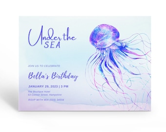Printable Jellyfish Invitation, Ocean Birthday Invite, Under the Sea Invitation, Blue Jellyfish Invite, Editable Template.