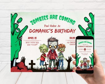 Invitación de cumpleaños de zombies, invitación de apocalipsis zombie para niños, fiesta de zombies, plantilla editable